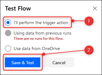 The Test Flow options and Save button
