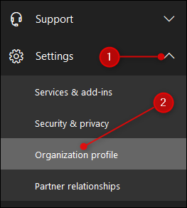 The Settings and Organisation profile options