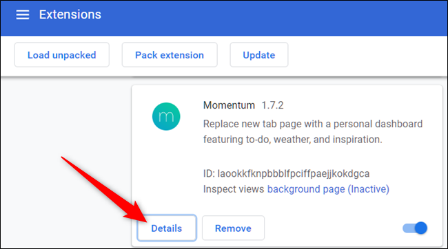 Click Details button for the extension you want to manage