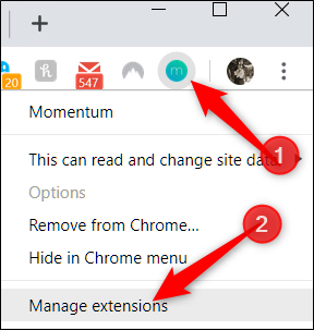 Right-click extension icon, then click manage extensions