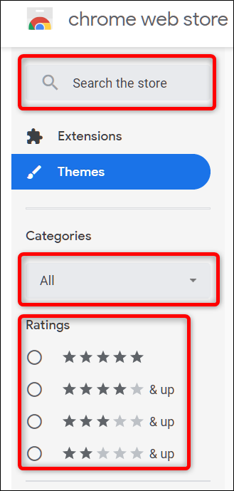 Find a theme using the search bar, or by categories and rating