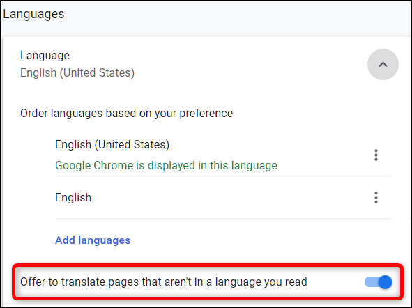 Disable &quot;Offer to translate pages that aren't in a language you read,&quot; under the Language heading