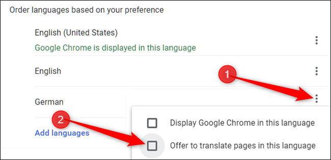 Manually choose what Chrome does with a language by clicking the three dots next to a language, then tick/untick &quot;Offer to translate pages in this language.&quot;