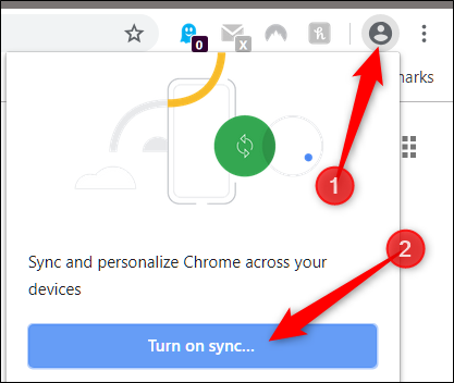 Click the profile icon, then on &quot;Turn on Sync.&quot;