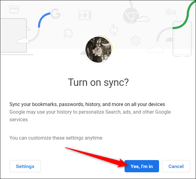 Confirm you want to turn on syncing
