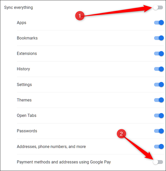 First, untoggle Sync Everything, then untoggle Payment methods and addresses using Google Pay