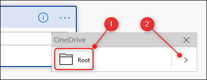 The OneDrive Root folder, and the browse folders arrow