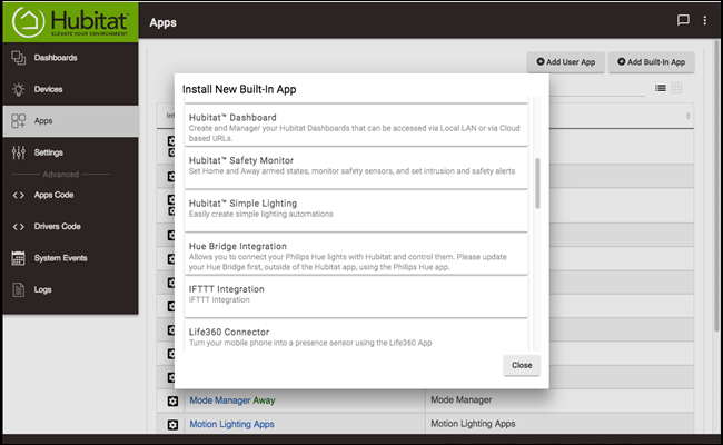 Hubitat Apps settings