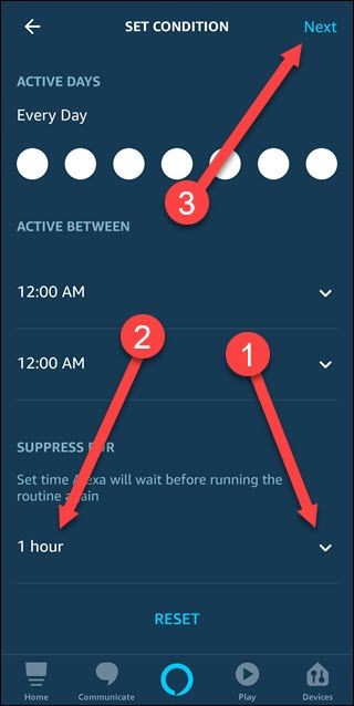 Set condition dialog with arrows pointing to down arrow, time, and next.