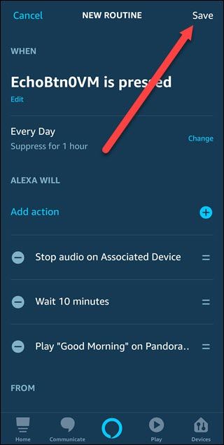 New routine dialog with arrow pointing to save button.