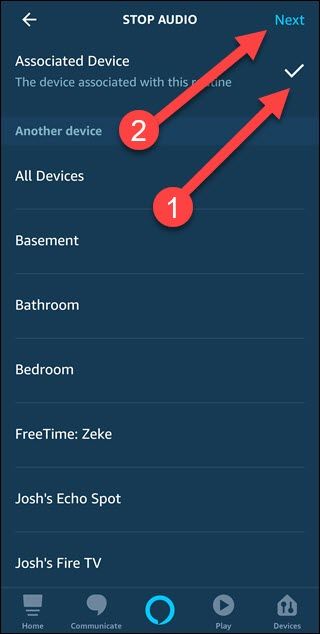 Stop Audio dialog with arrows pointing to echo checkmark and next.