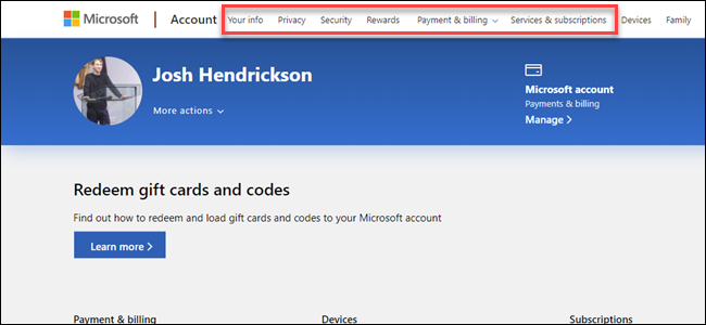 Microsoft Account Page