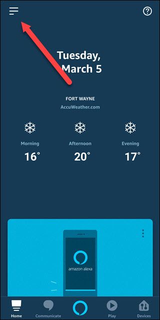 Alexa app with arrow pointing to hamburger menu