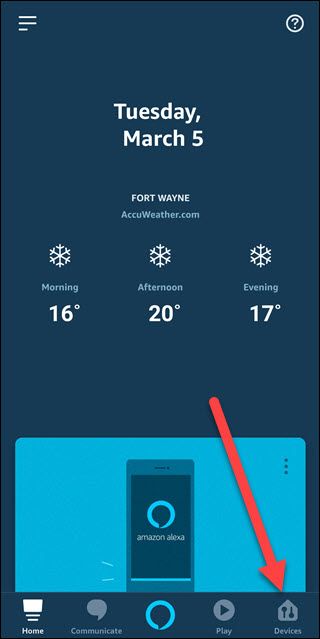 Alexa app with arrow pointing towards Devices option