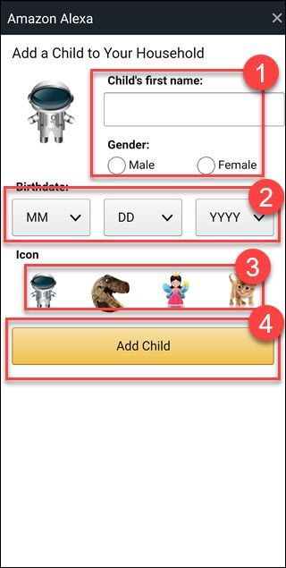 Alexa Add child dialog, with boxes around name, gender, birthdate, icon, and add child button