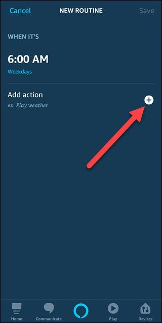 New routine dialog with arrow pointing to add action plus