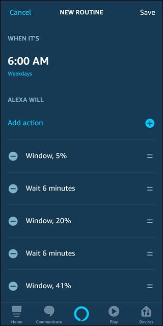 A routine with commands to raise lights by 5%, wait 6 minutes and repeat.