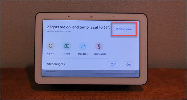Google Home Hub command center with box around View Rooms button
