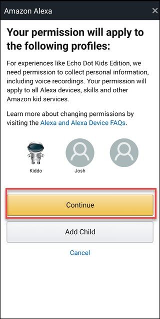 Alexa permissions screen with box around Continue button