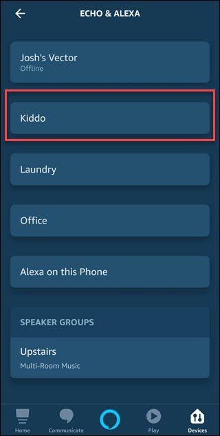 Alexa app with box around &quot;Kiddo&quot; echo entry