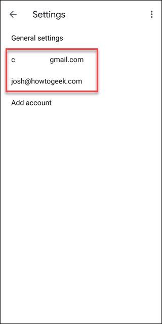 Gmail Settings page with box around email accounts