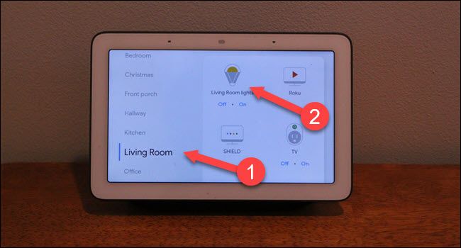 Google Home rooms dialog with arrows pointing to living rooms and the lights.