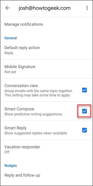 Gmail Settings page with box around checkmark for Smart Compose