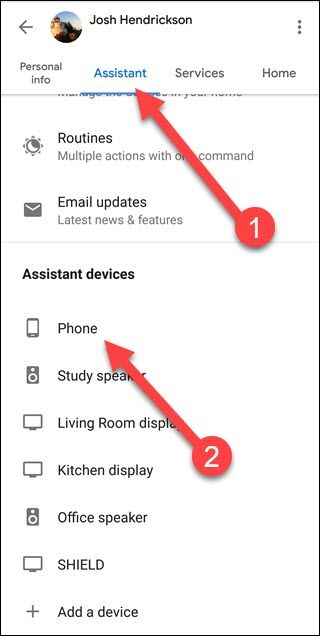 Google Search App with arrows pointing to Assistant and Phone option