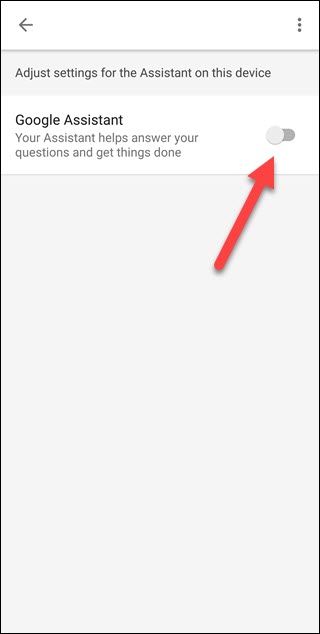 Google Search app with arrow pointing to Google Assistant toggle