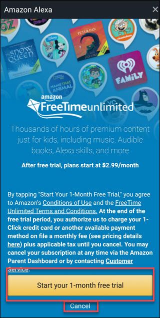 Freetime Unlimited offer screen with boxes around Start Your 1-month free trial and cancel options