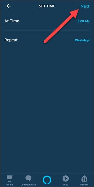 Set Time dialog with arrow pointing to Next