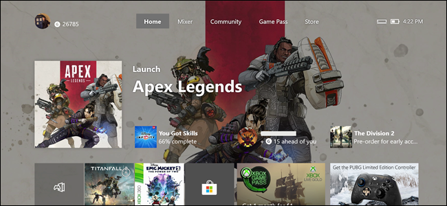 Xbox Home Screen with Apex Legends feature
