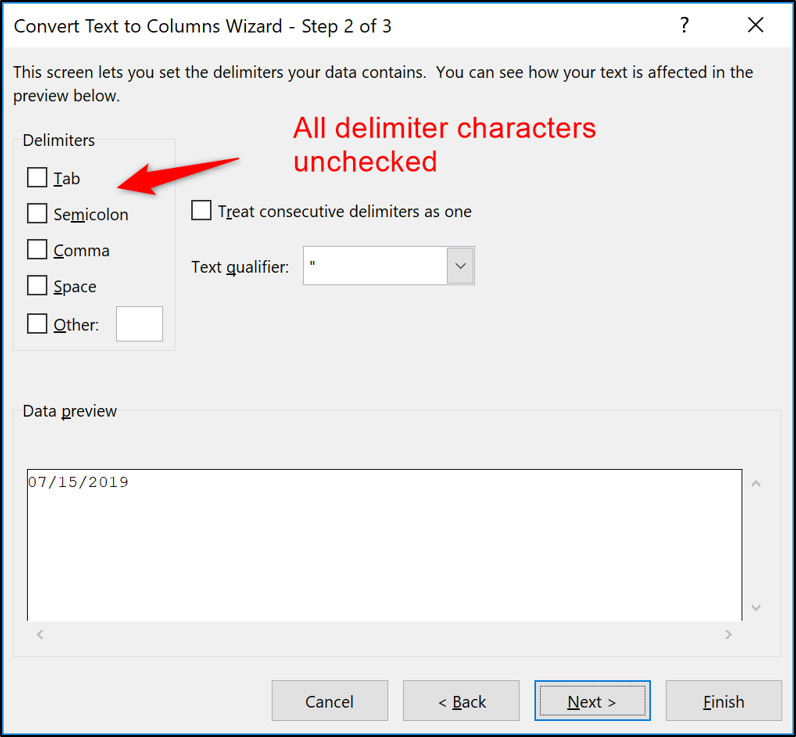 All delimiter character options unchecked