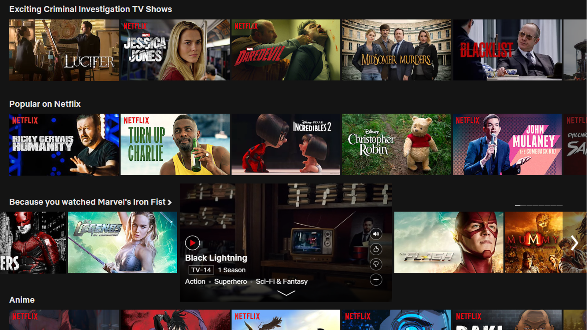 Netflix streaming menu.