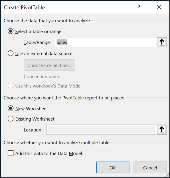 The Create PivotTable window