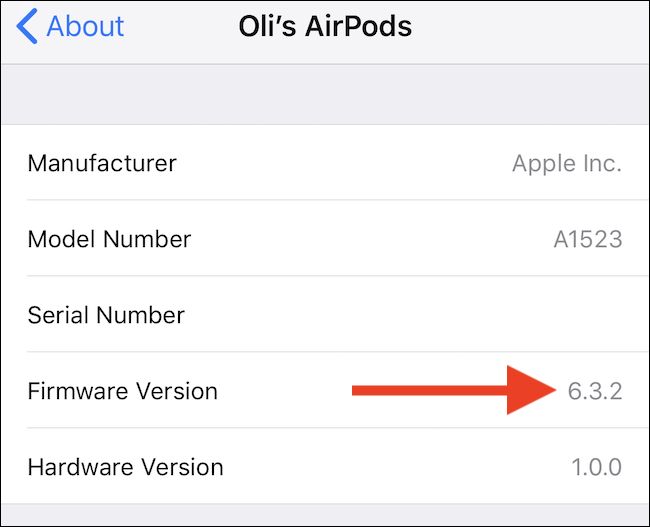 AirPods firmware version in iPhone settings.