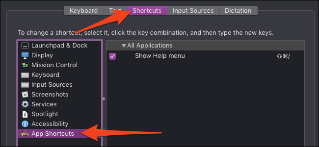 Keyboard preferences app shortcuts pane