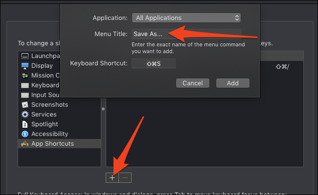 Keyboard preferences add new app shortcut