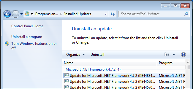 Uninstalling a Windows update on Windows 7