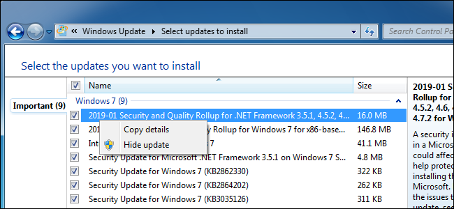 Hiding an update in Windows Update on Windows 7