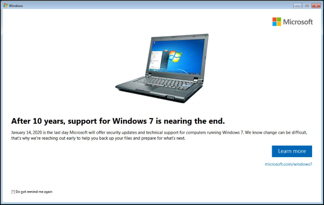 Windows 7 end of life notification