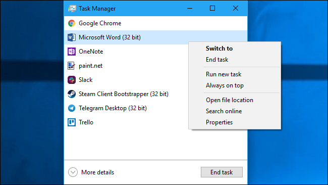 Task Manager's simplified application management view
