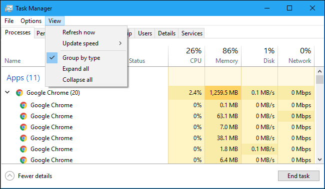 The View menu in the Task Manager
