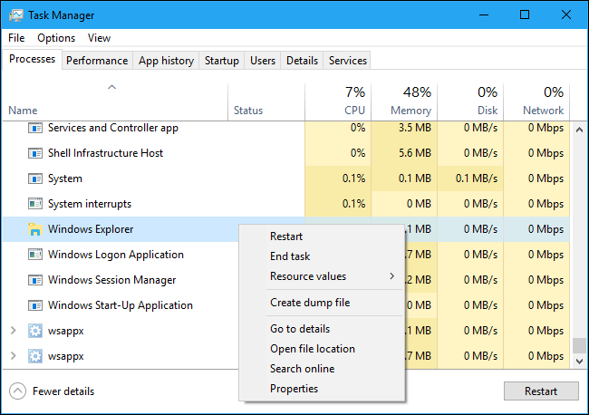 Option to restart Windows Explorer in the Task Manager
