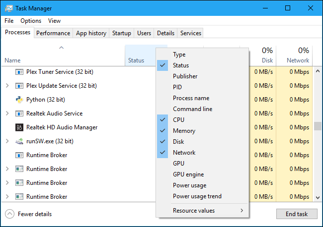 Available columns on the Task Manager's Processes tab