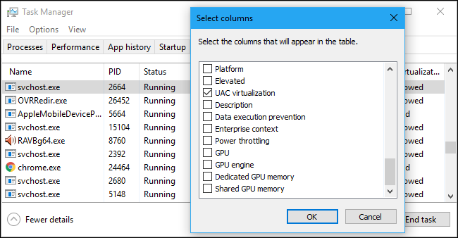 Selecting columns for the Windows Task Manager's Details tab