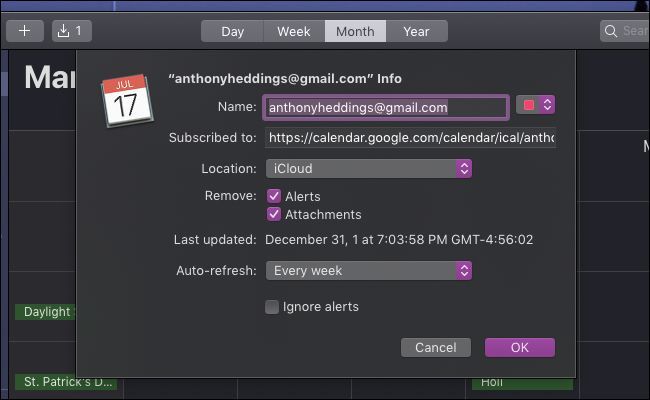 macOS Calendar subscription settings