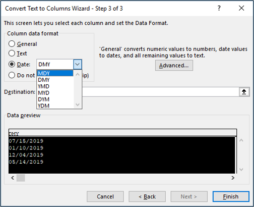 Selecting the MDY format for dates