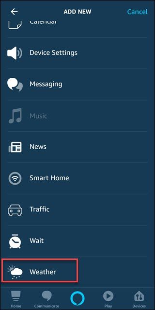 Routine add new dialog with box around Weather option.
