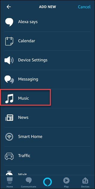 Routine add new dialog with box around Music option.